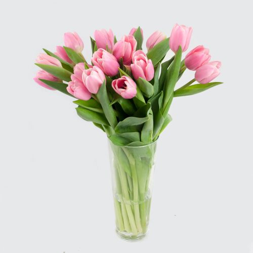 Ramo de tulipanes rosas con jarrón de cristal incluido a domicilio en Madrid sin gastos de envío.