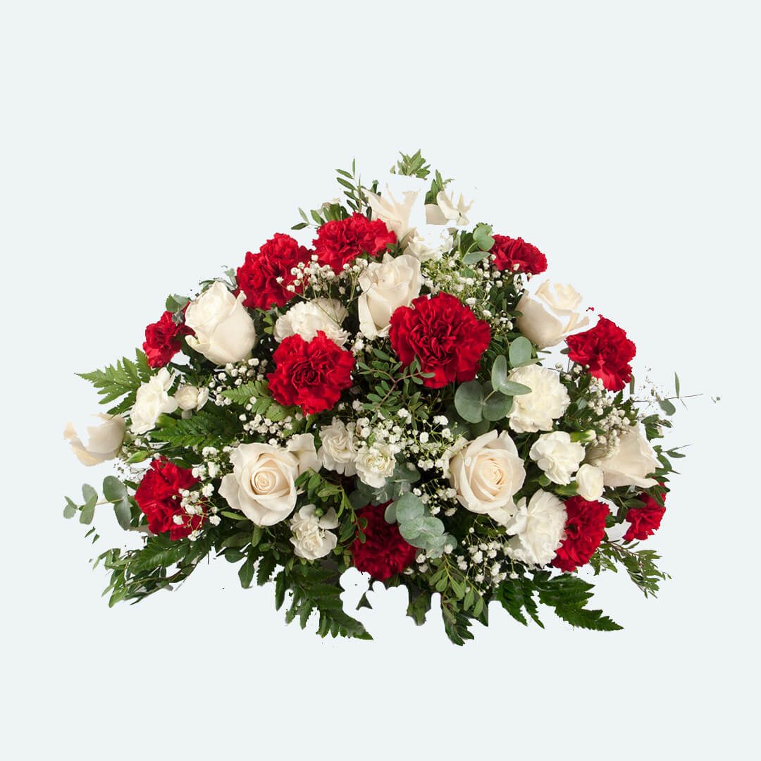 Centro de flores blanco y rojo plano para enviar a tanatorios de Madrid.