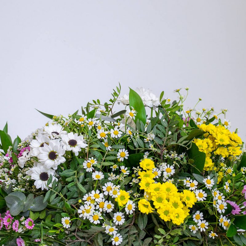 Detalle 2 cesta de flores primaveral de margaritas en Madrid.