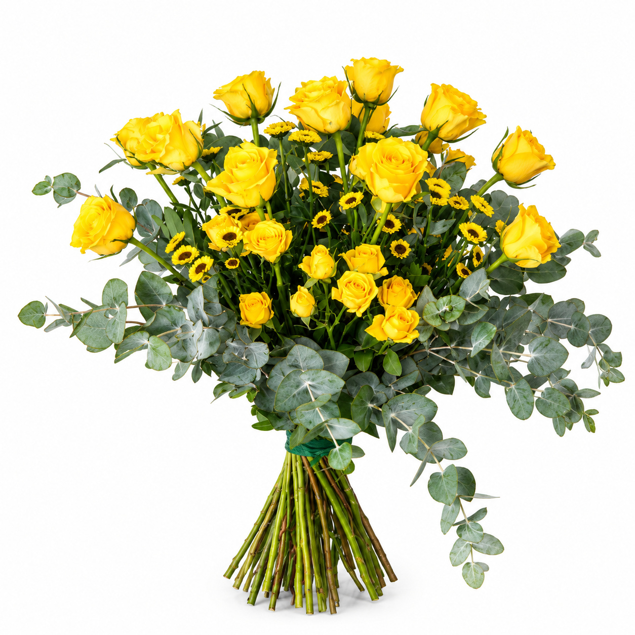 Ramo amarillo de rosas, rosas ramificadas y margaritas.